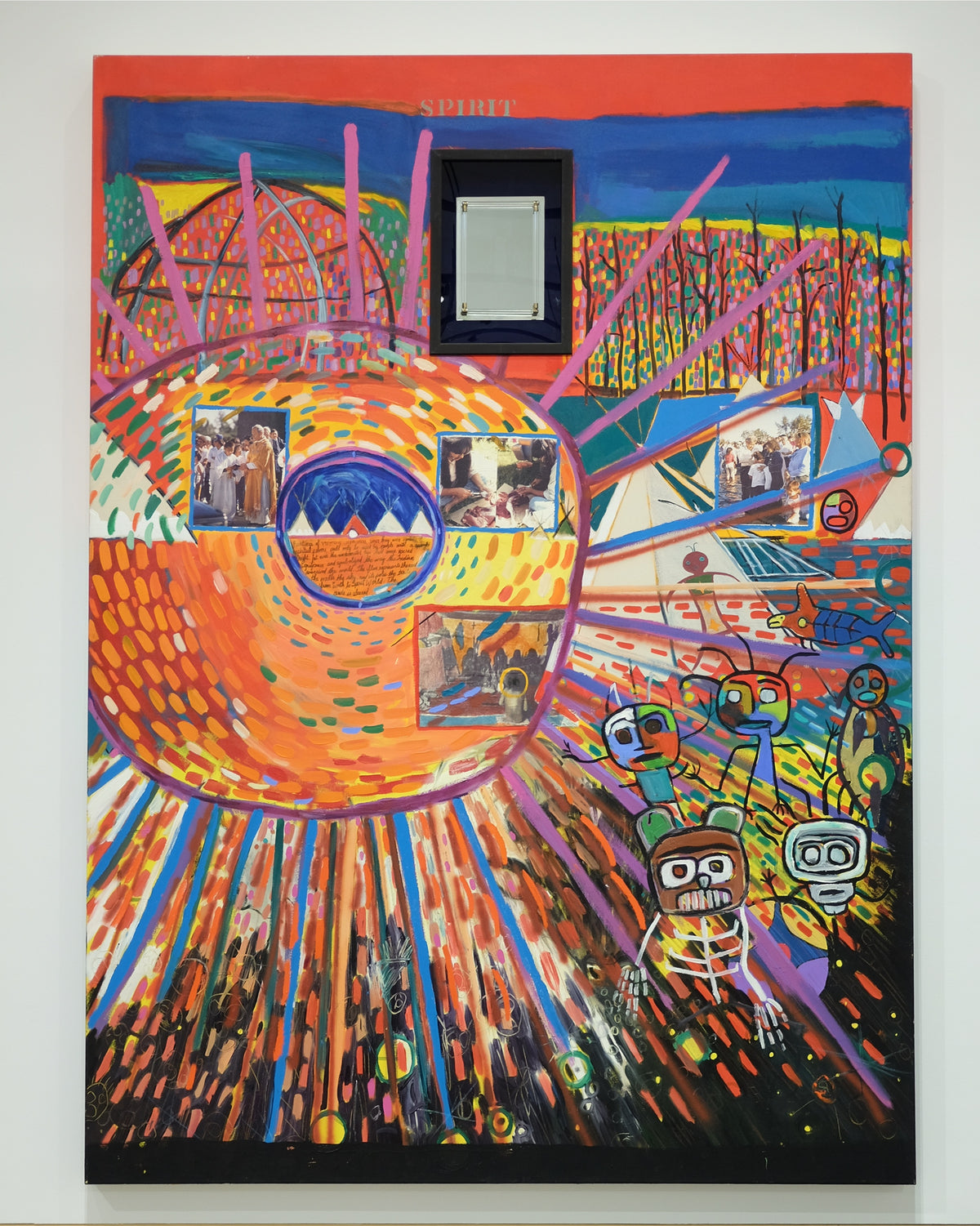 Jane Ash Poitras, Shamanic Journey, 1992. Abstract illustration of figure-like creatures on the right and a circle with radiating rays projecting from it on the left with a real-life mirror at the top.