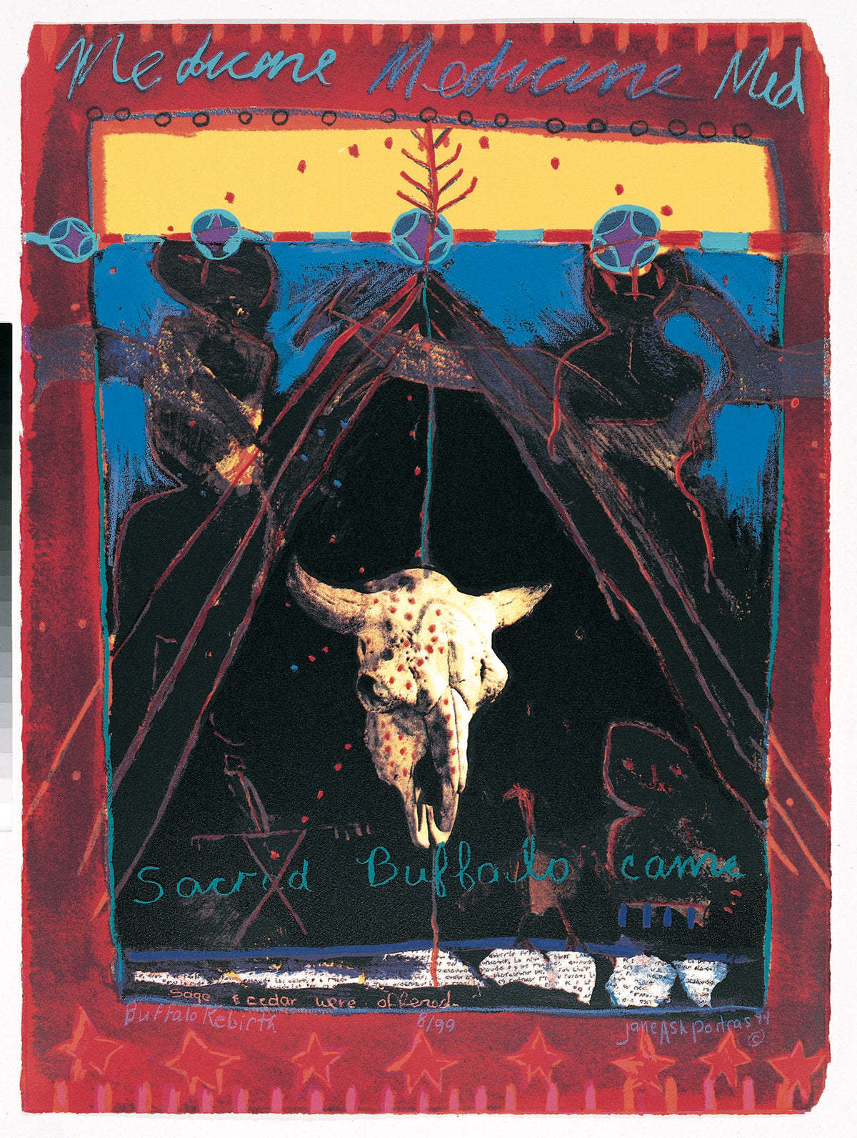 Jane Ash Poitras, Buffalo Rebirth, 1994. A buffalo against a black tent with two figures in the back as well as one figure inside of the tent - set against a red, blue, and yellow background.