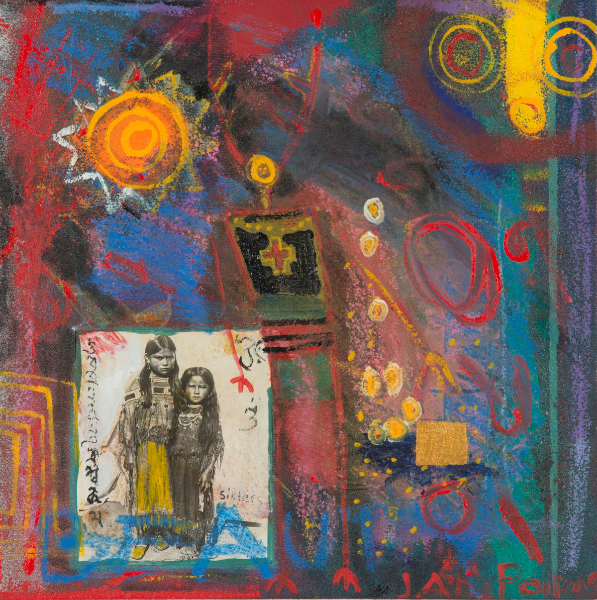 Jane Ash Poitras, Sisters/Storm, 1999. Black and white photograph of two girls on the bottom left against an abstracted multicolour background with graphic shapes.