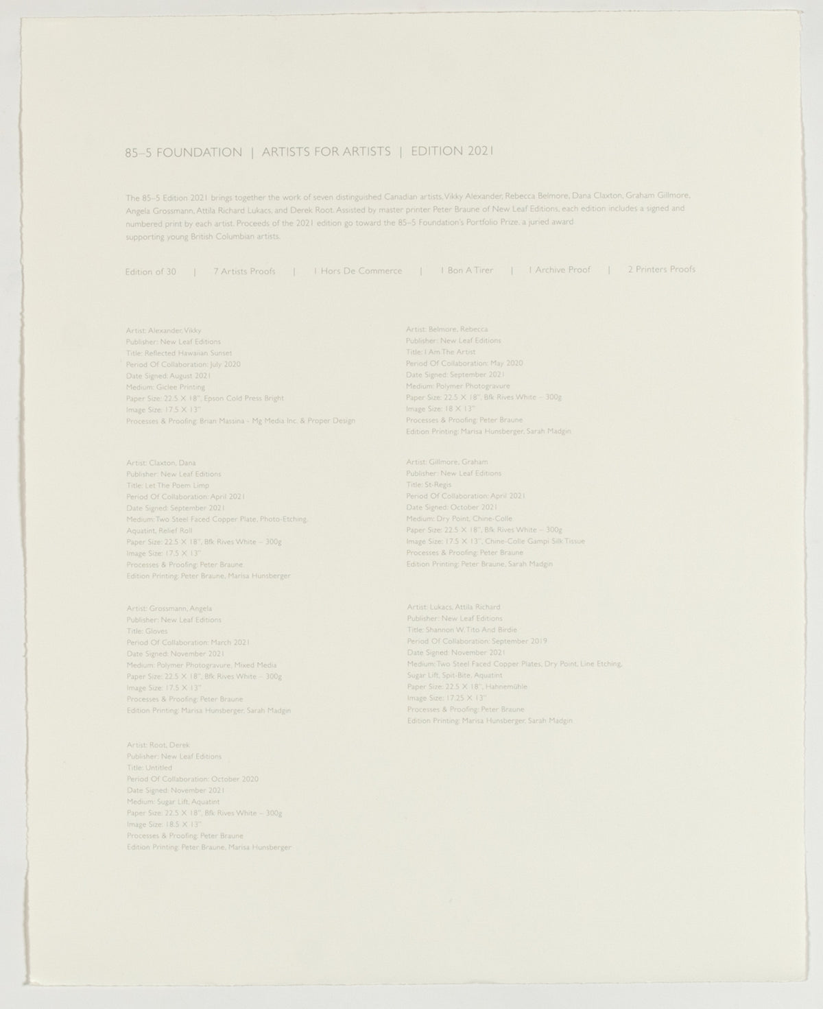 Graham Gillmore and Angela Grossmann and Atilla Lukacs and Derek Root and Vikky Alexander and Rebecca Belmore and Dana Claxton, Colophon: The Portfolio Collective's 2021 Artist for Artist Edition series, 2021