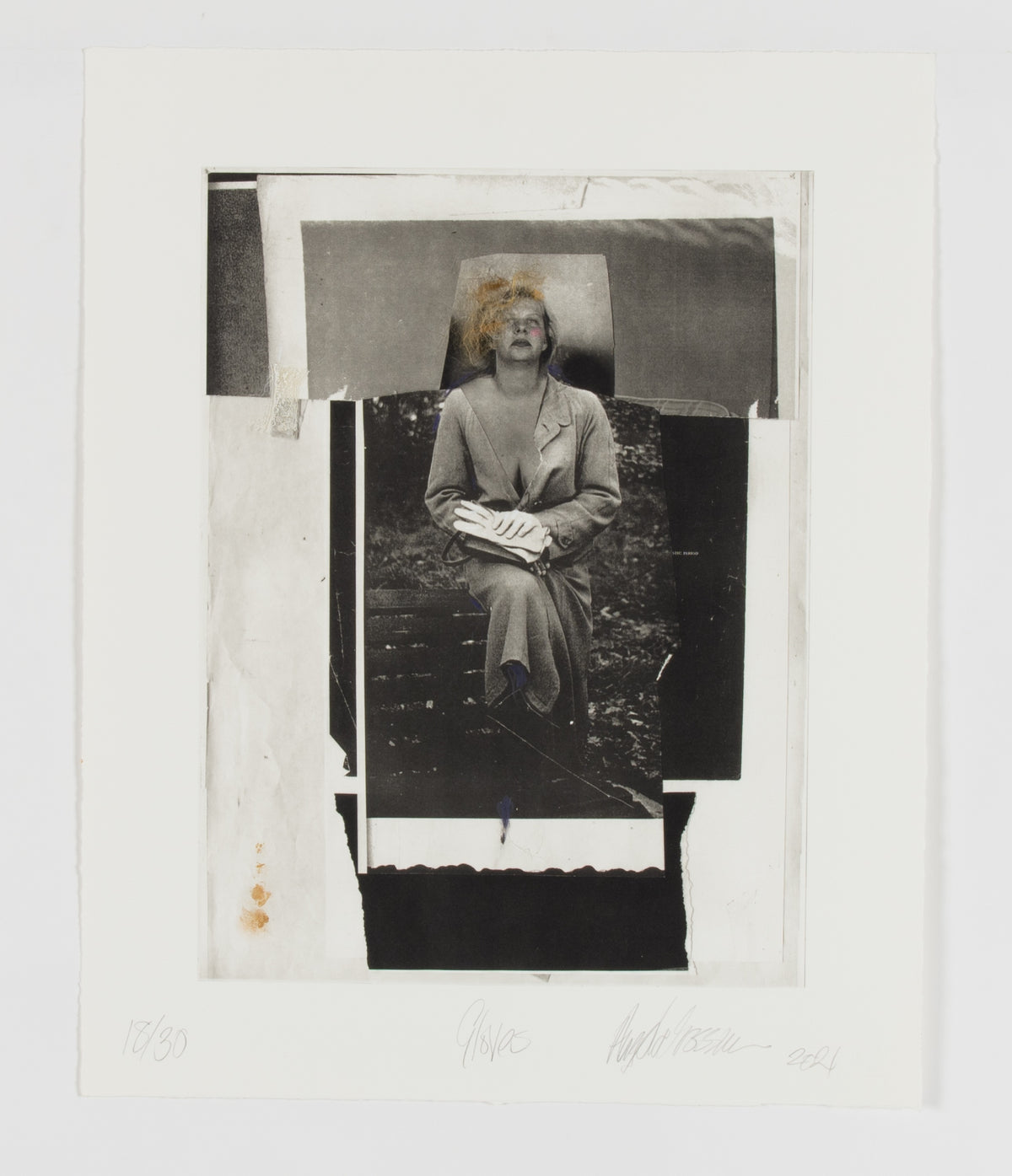 Angela Grossmann, Gloves, 2021. Woman sitting on chair with gloves on her lap. She has a defiant look on her face and is in a fancy 60s style dress, she has her chin tipped back and her chest a little forward and slumpy. There are abstract shapes around the photo image. All is in grayscale.
