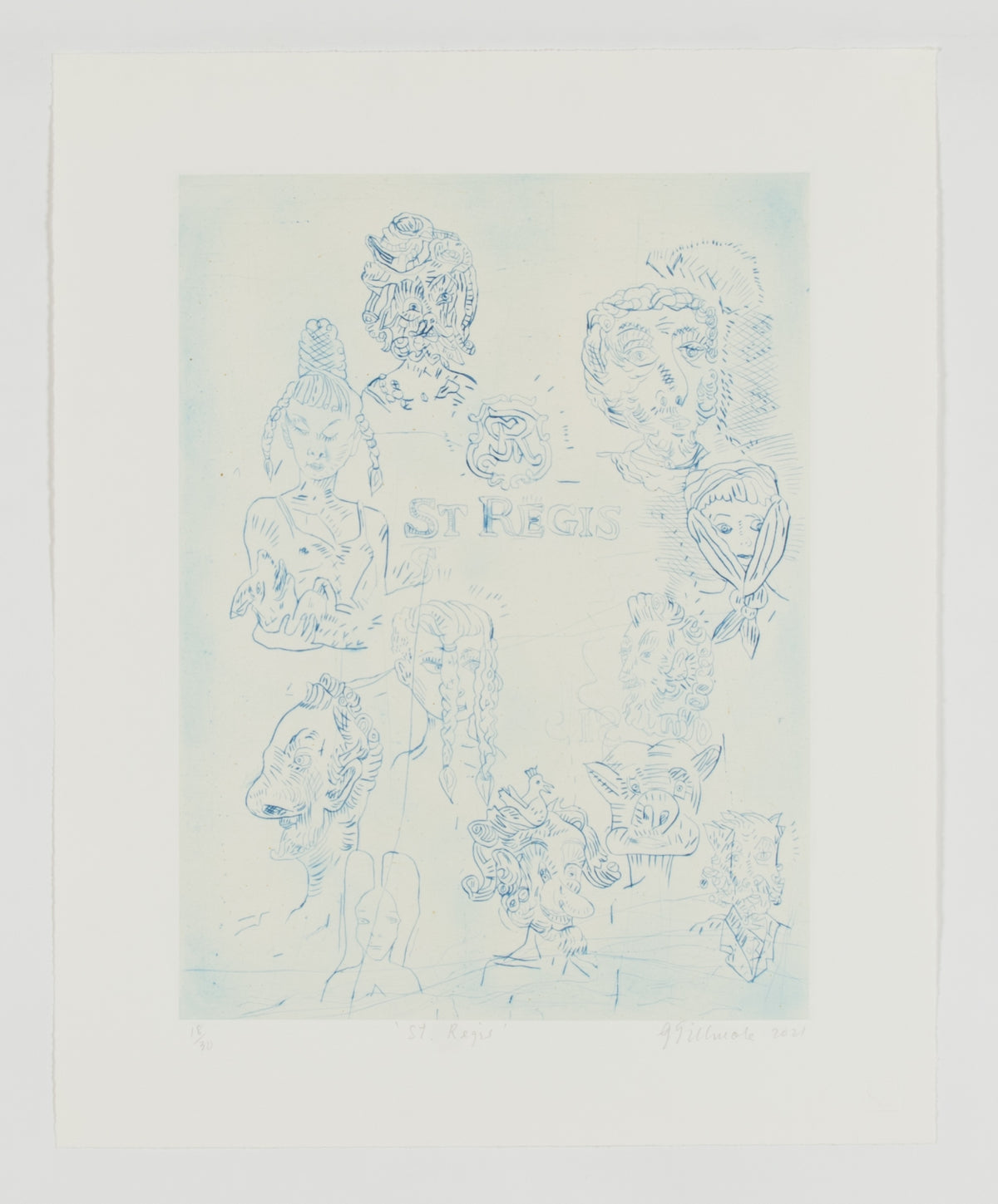 Graham Gillmore, St-Regis, 2021. Cartoon faces drawn around a school badge looking emblem that says "St Regis".