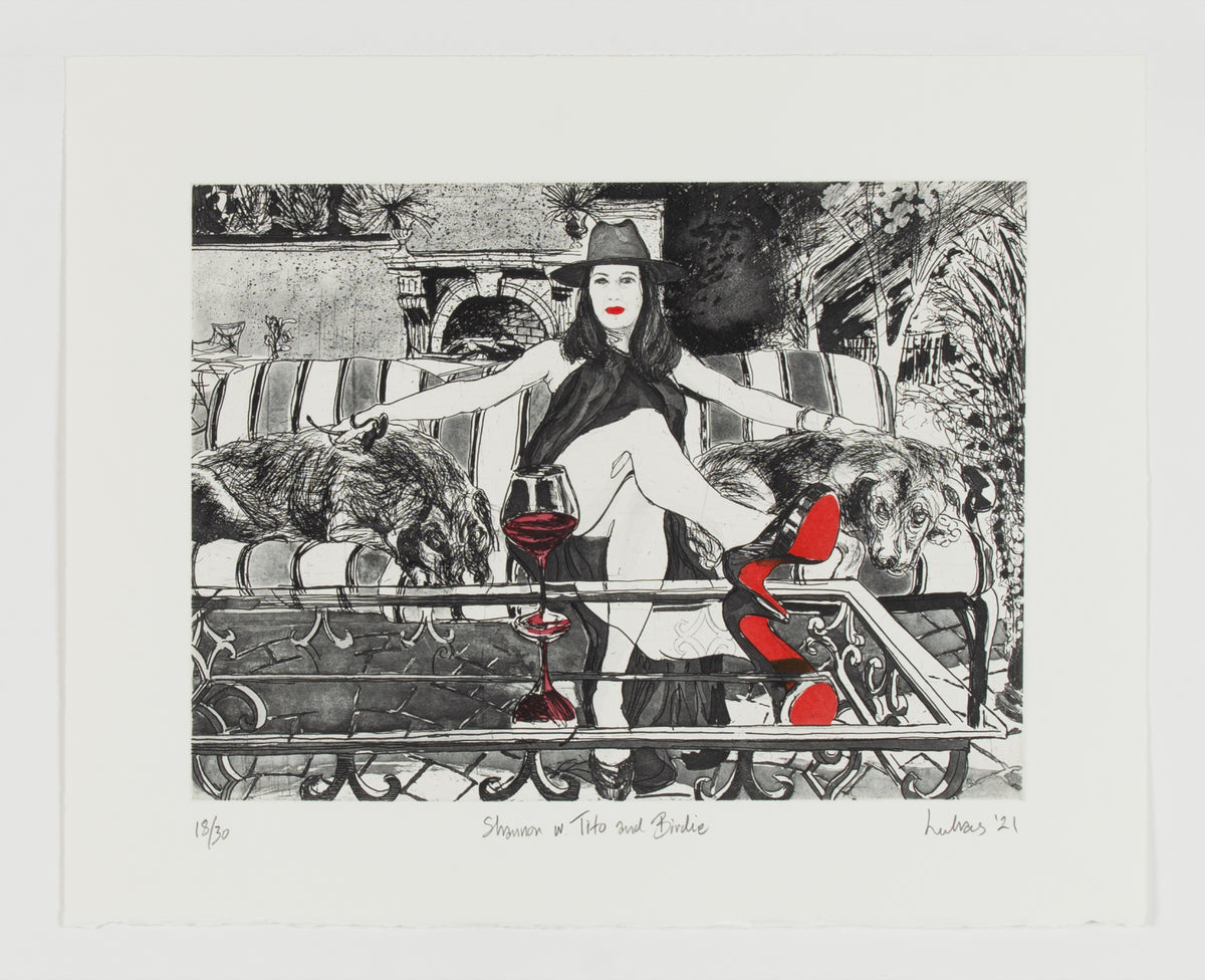 Atilla Lukacs, Shannon W. Tito and Birdie, 2021. Drawing of a woman sitting on a couch with her hands on two dogs that flank her sleeping.