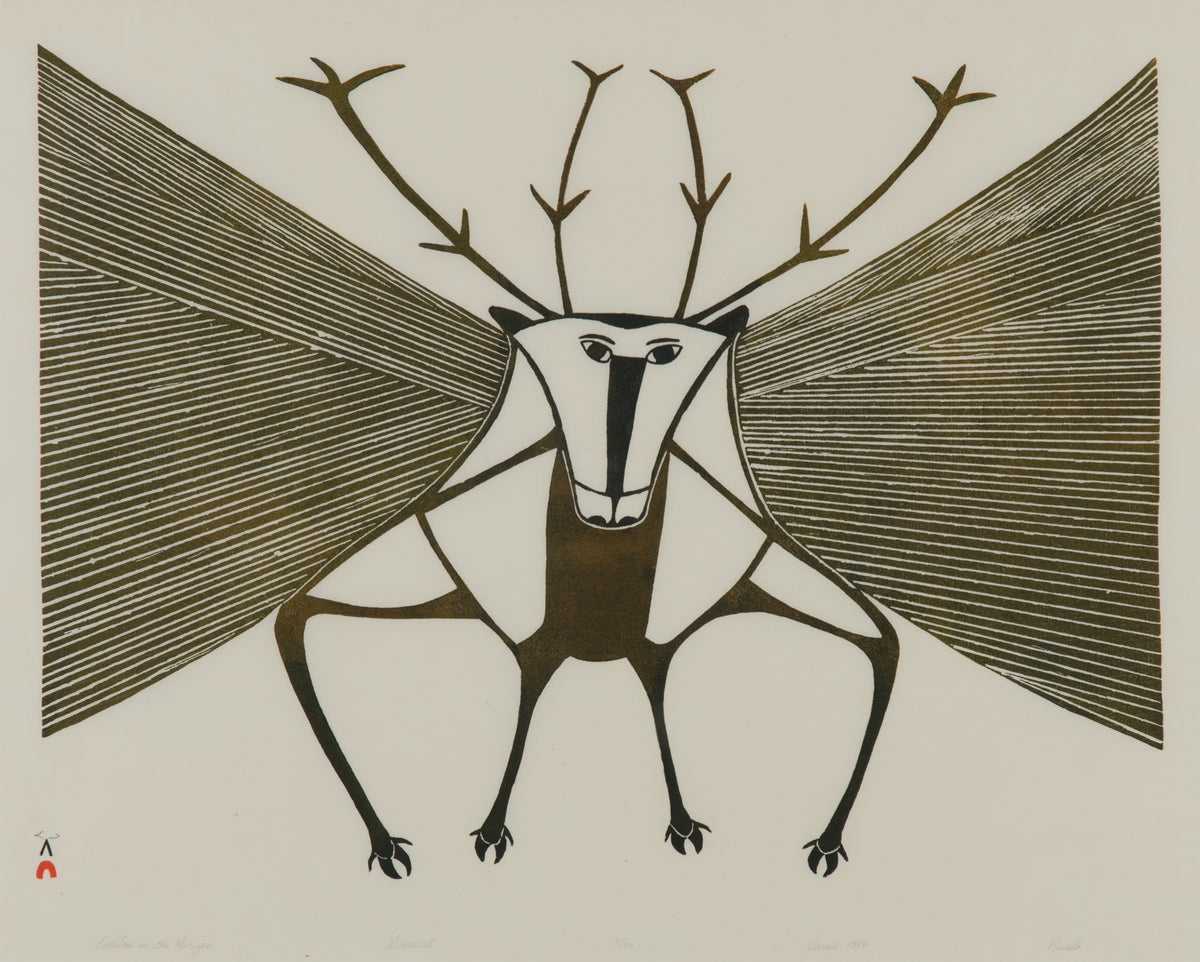 Pudlo Pudlat, Caribou on the Horizon, 1987. Abstract depiction of a caribou in black and white.