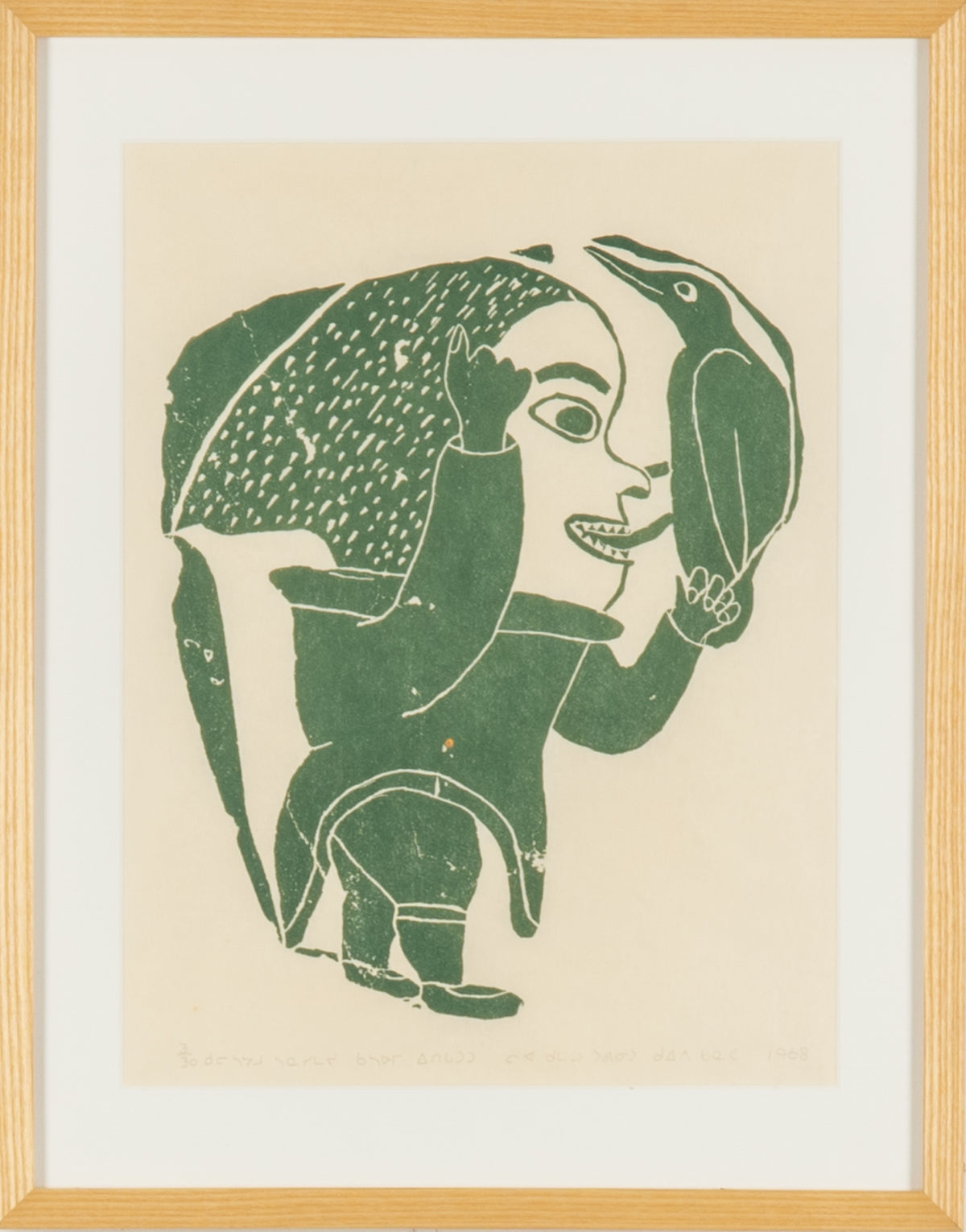 Leah Qumaluk, Woman with Bird, 1968. Stylized depicition of a woman holding a bird.