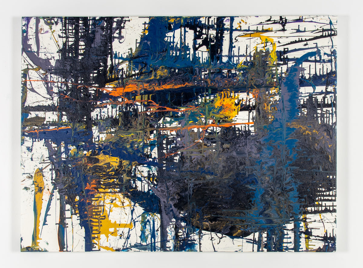 George Rammell, Archer's Paradox II, 2016. Abstract splashes (black, red, orange), against a white background.
