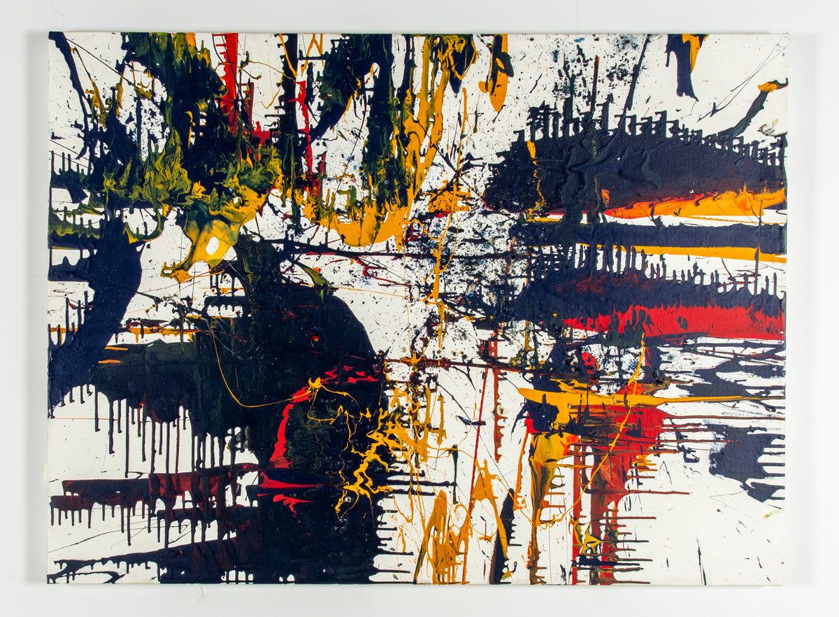 George Rammell, Archer's Paradox II, 2016. Abstract splashes (black, red, orange), against a white background.