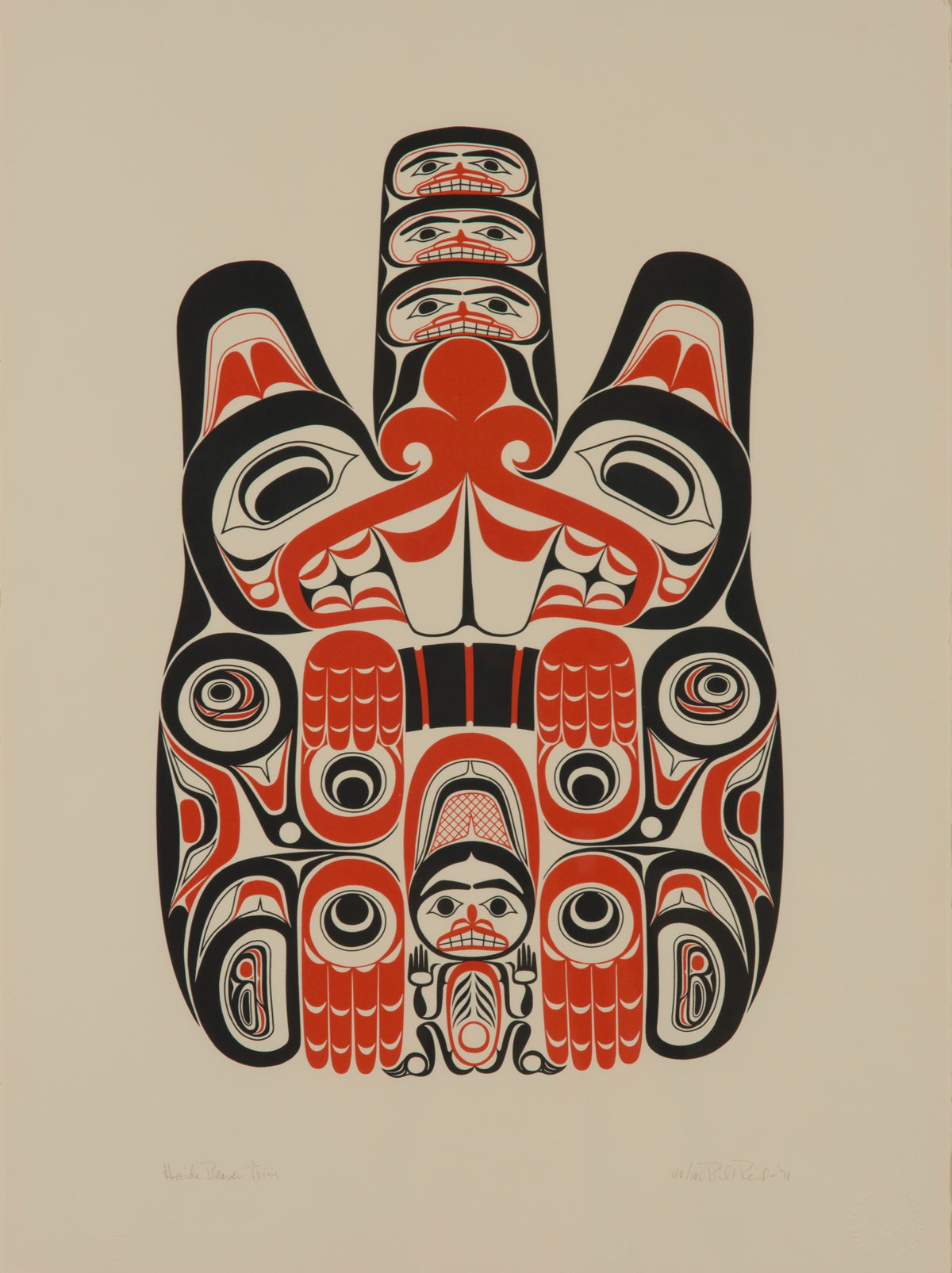Bill Reid, Tsing/Haida Beaver, 1978. A red and black beaver rendered in the tradition of the Northwest Coast Indigenous people.
