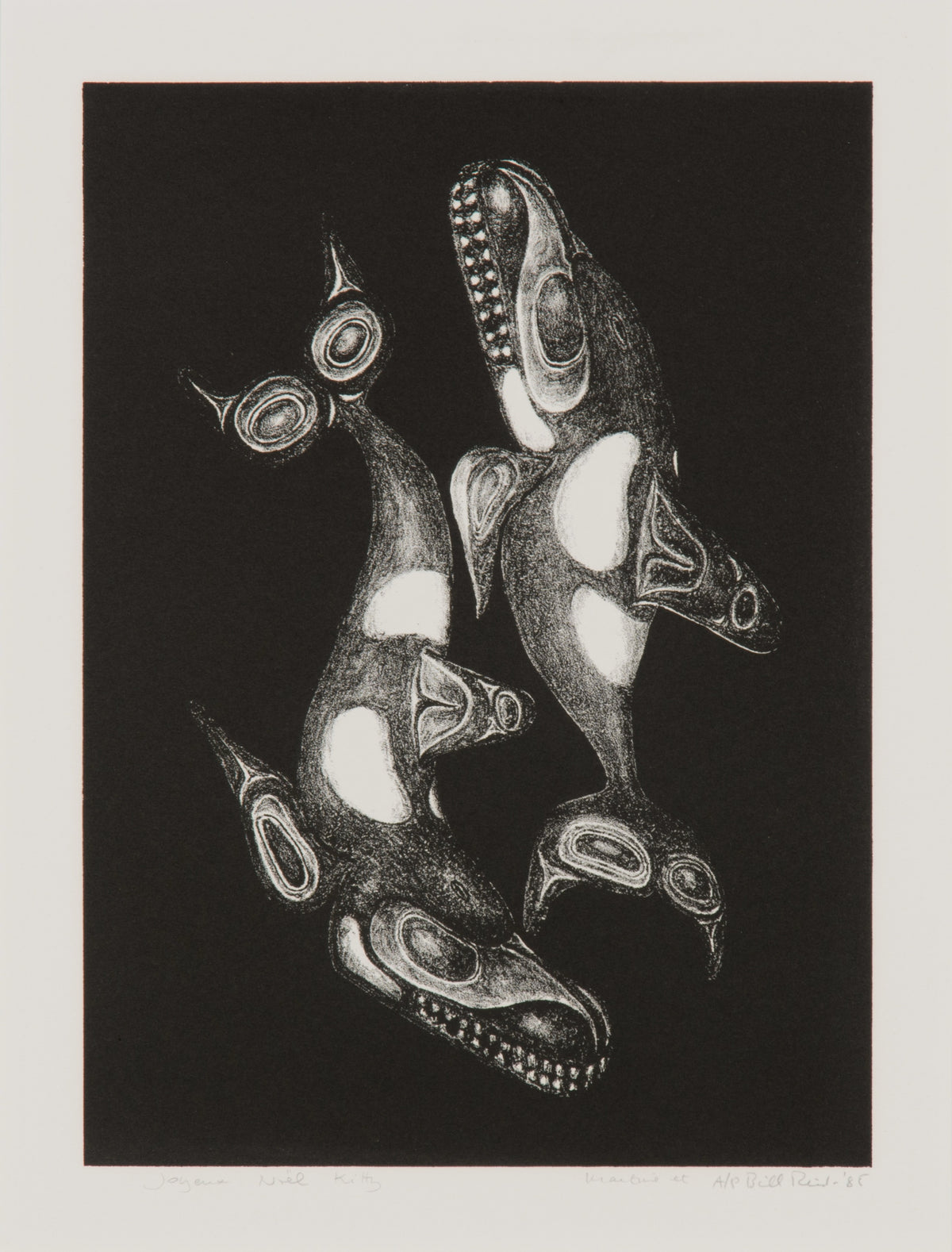 Bill Reid, Orca A Deux, 1985. Two whales going opposite ways, rendered in black and white.