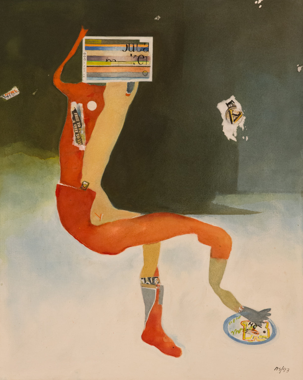 Marianna Schmidt, Untitled [Barcode Head], 1993. Abstract human-like figure with a rectangle head that resembles a bar code against a black drop with collage-like elements.