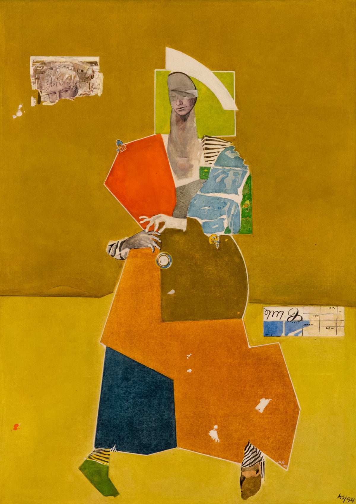 Marianna Schmidt, Jealousy, 1994. Abstract female human-like figure against a beige and yellow background with collage elements.