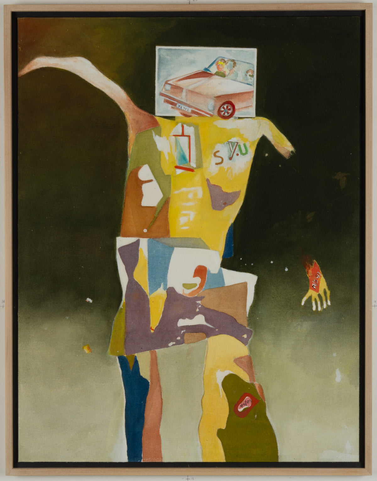 Marianna Schmidt, Untitled [Image of a car], 1993. Abstract human-like figure with a rectangle head, inside an image of a car, against black to green background.