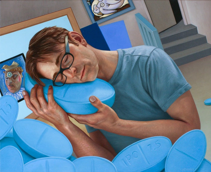 Painting of a man in glasses and a blue T-shirt asleep with his head on a giant blue pill, surrounded by more pills and small framed pictures