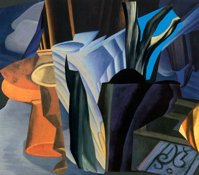 Collage-like painting of cut and layered still life shapes, an orange vessel, white folds and dark branches, in deep blues and blacks