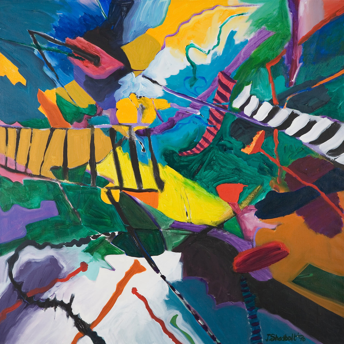 Jack Shadbolt, Winter Garden, 1990. Abstract composition composed of vibrant colour palette and shapes.
