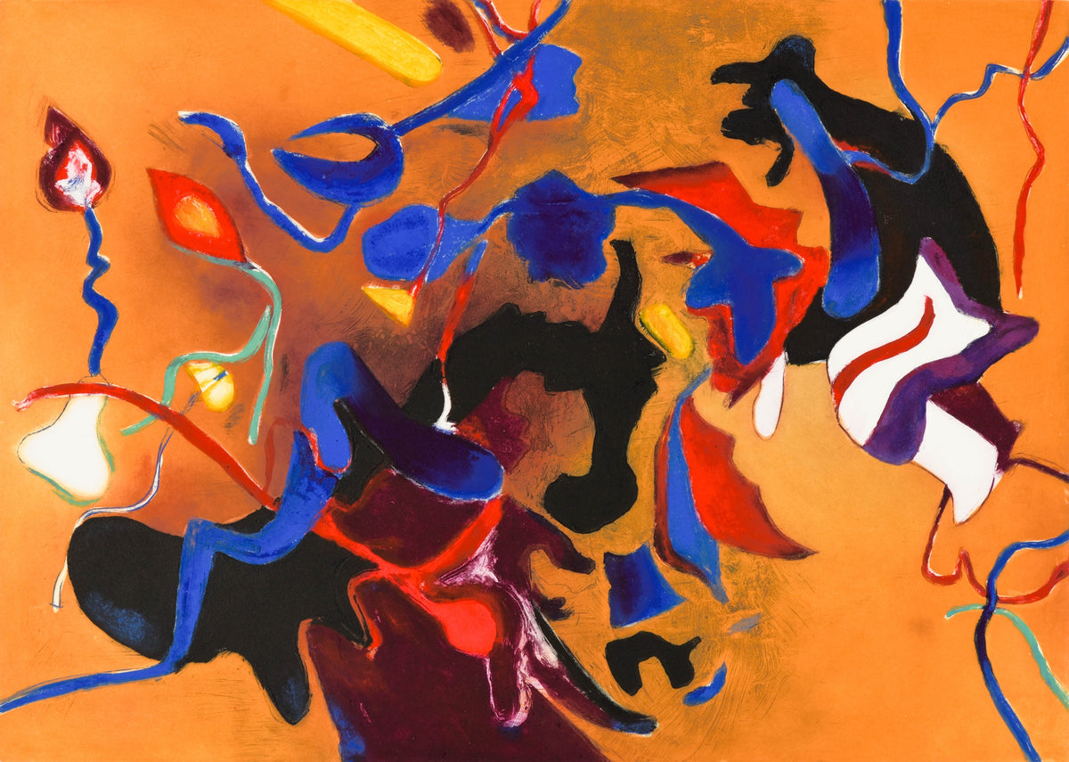 Jack Shadbolt, Garden Flux (1/30 S.E.), 1993. Abstracted shapes in multiple colours (red, blue, white, black, etc.) against an orange background.