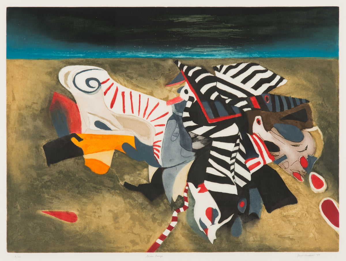 Jack Shadbolt, Shore Image, 1997. Abstract shapes in varying colours (white, black, red) against a beige-brown background with blue and black along the top. View 1 of 2.