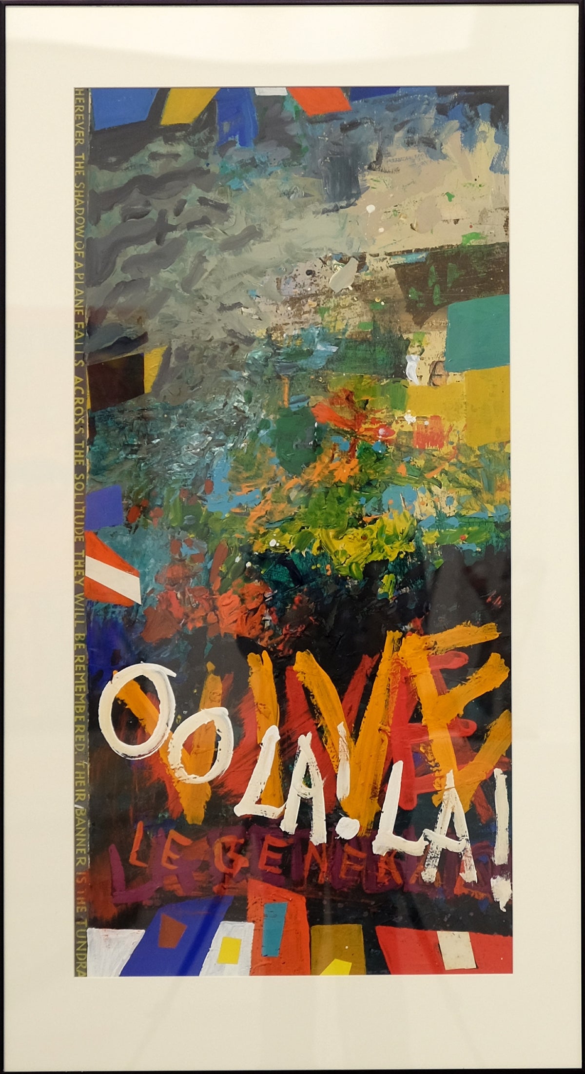 Jack Shadbolt, Subway Memories Oo La La, 1962. Text (Oo La! La!) against a multi-coloured background with additional text along the left side.