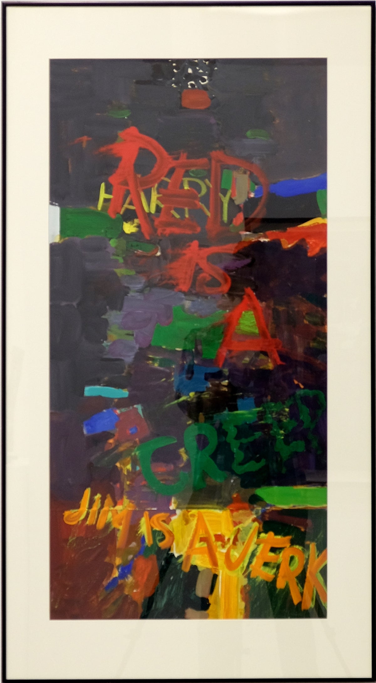Jack Shadbolt, Subway Memories Red and Jim, 1962. Text that reads "red is a creep" and "Jim is a jerk" against a dark background.