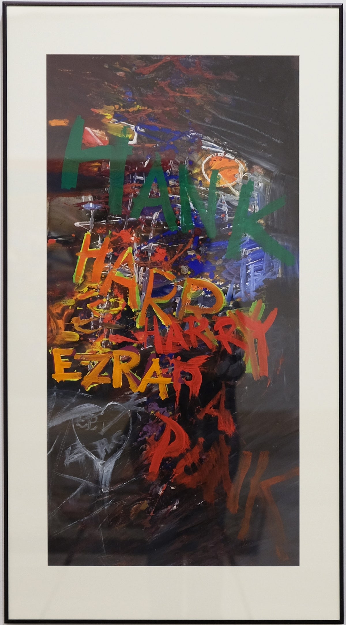 Jack Shadbolt, Subway Memories - Hank, Henry & Ezra, 1962. Text of individual names (Hank, Harry, Ezra) against a black blackground.
