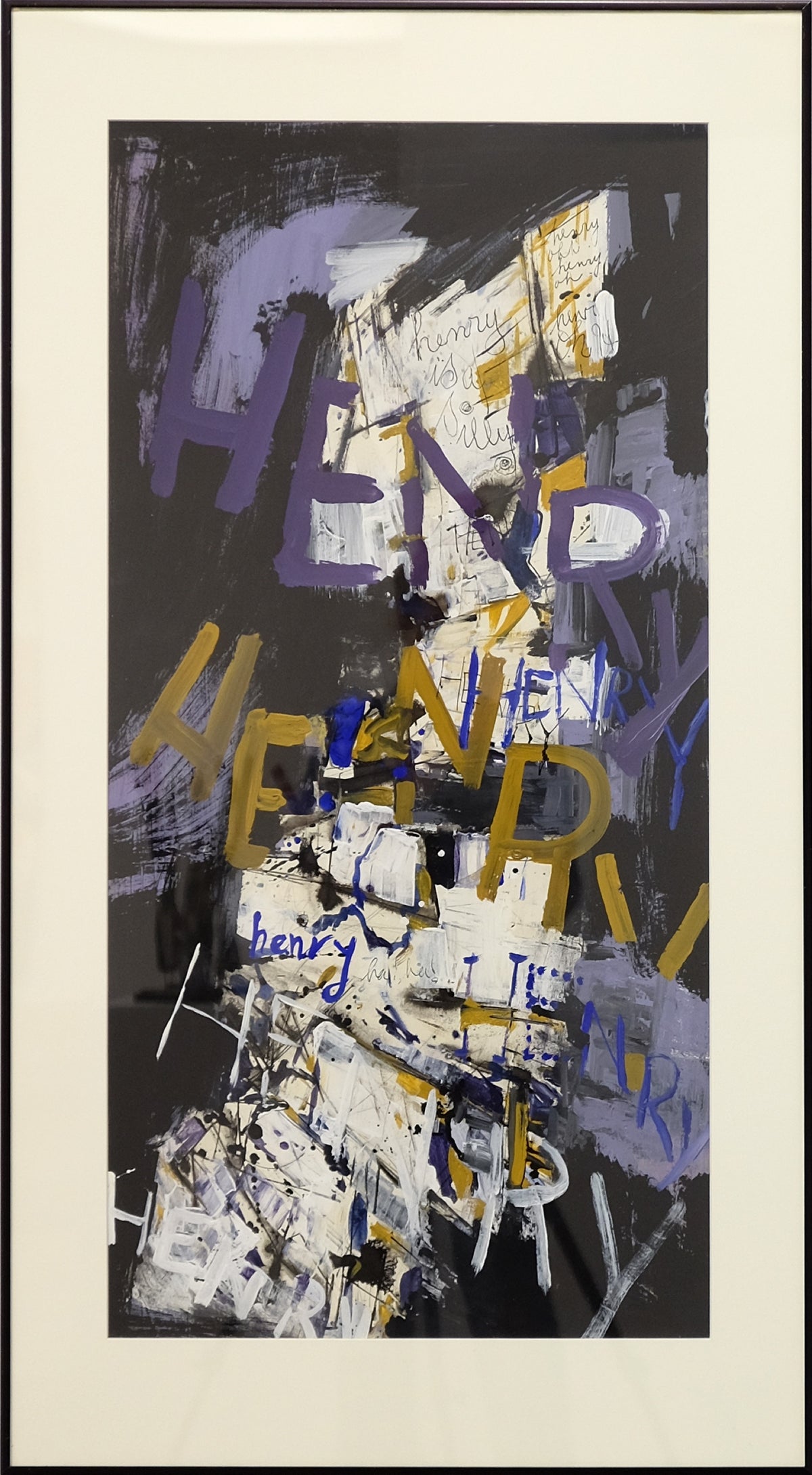 Jack Shadbolt, Subway Memories - Henry, 1962. Text of an individual's name (Henry) rendered in purple and yellow against a black and white background.