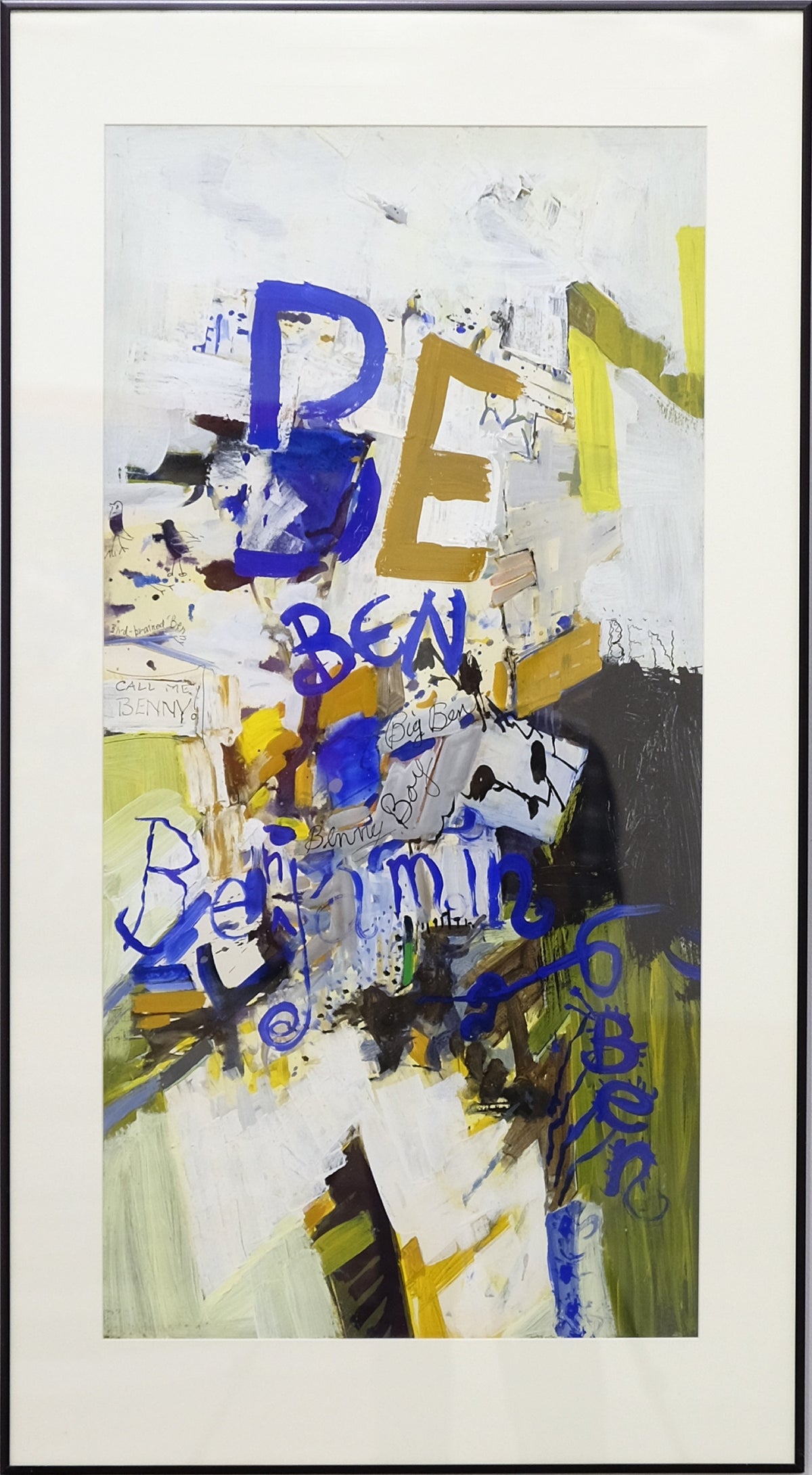 Jack Shadbolt, Subway Memories - Ben, 1962. Text of an individual's name (Ben) rendered in blue and yellow against a white and yellow background.