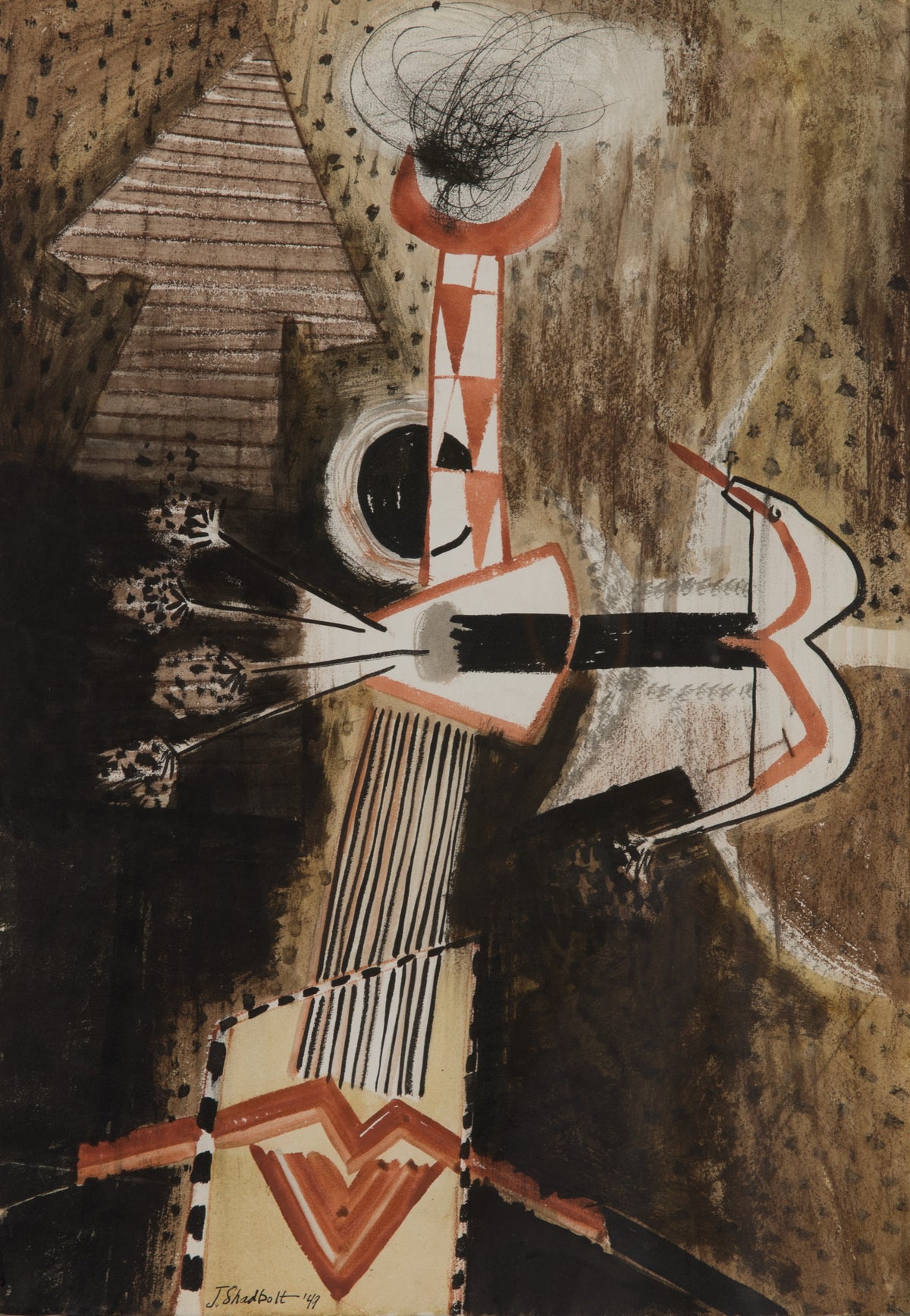 Jack Shadbolt, Of Arrows, 1949. Multicoloured (white, red) abstract shapes against a brown and black background.