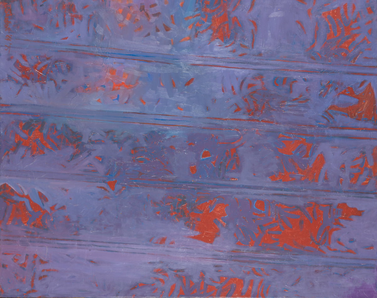 Jack Shadbolt, Memory of Island, Red Script on Violet, 1964-1975. Abstract red streaks against a blue background.