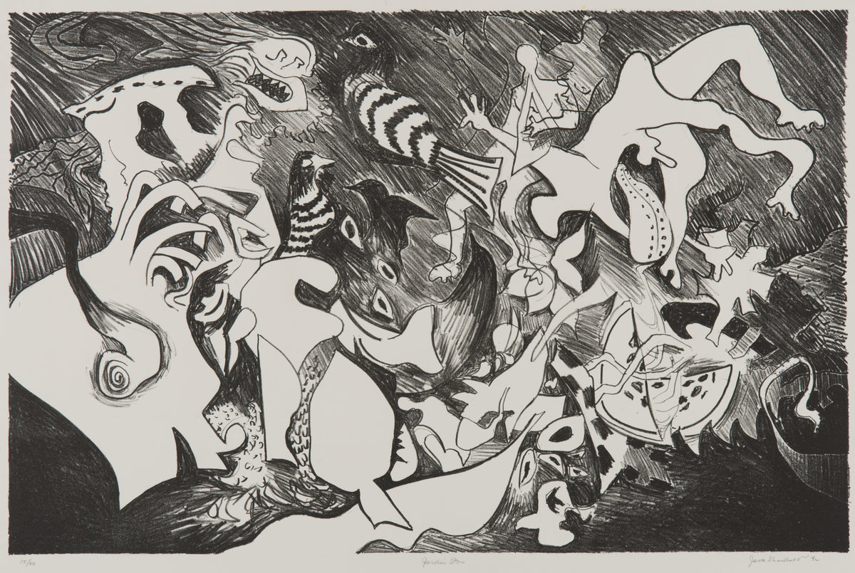 Jack Shadbolt, Jardin F'Ore, 1992. Black and white abstract figures against a black background.