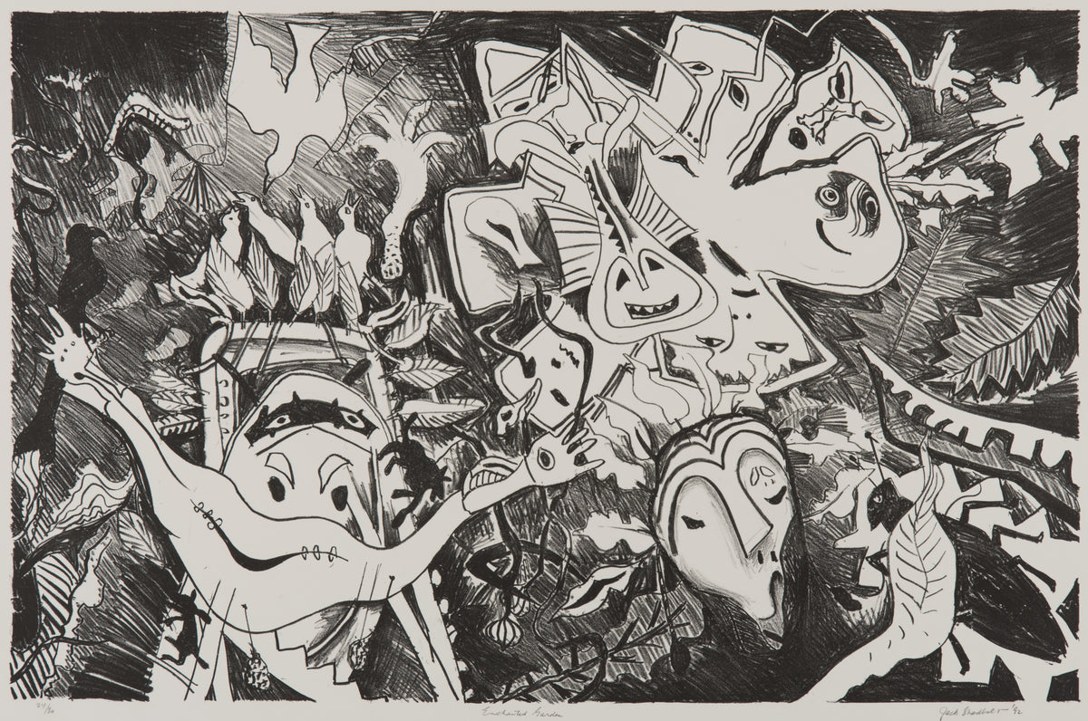 Jack Shadbolt, Enchanted Garden, 1992. Black and white drawing of abstracted creatures against a black background.
