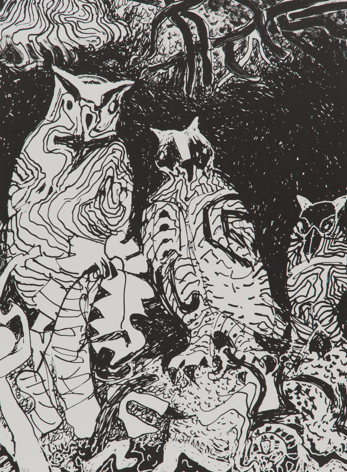 Jack Shadbolt, Birds in the Thicket II, 1996. Black and white image of three birds surrounded by greenery. View 1 of 2.