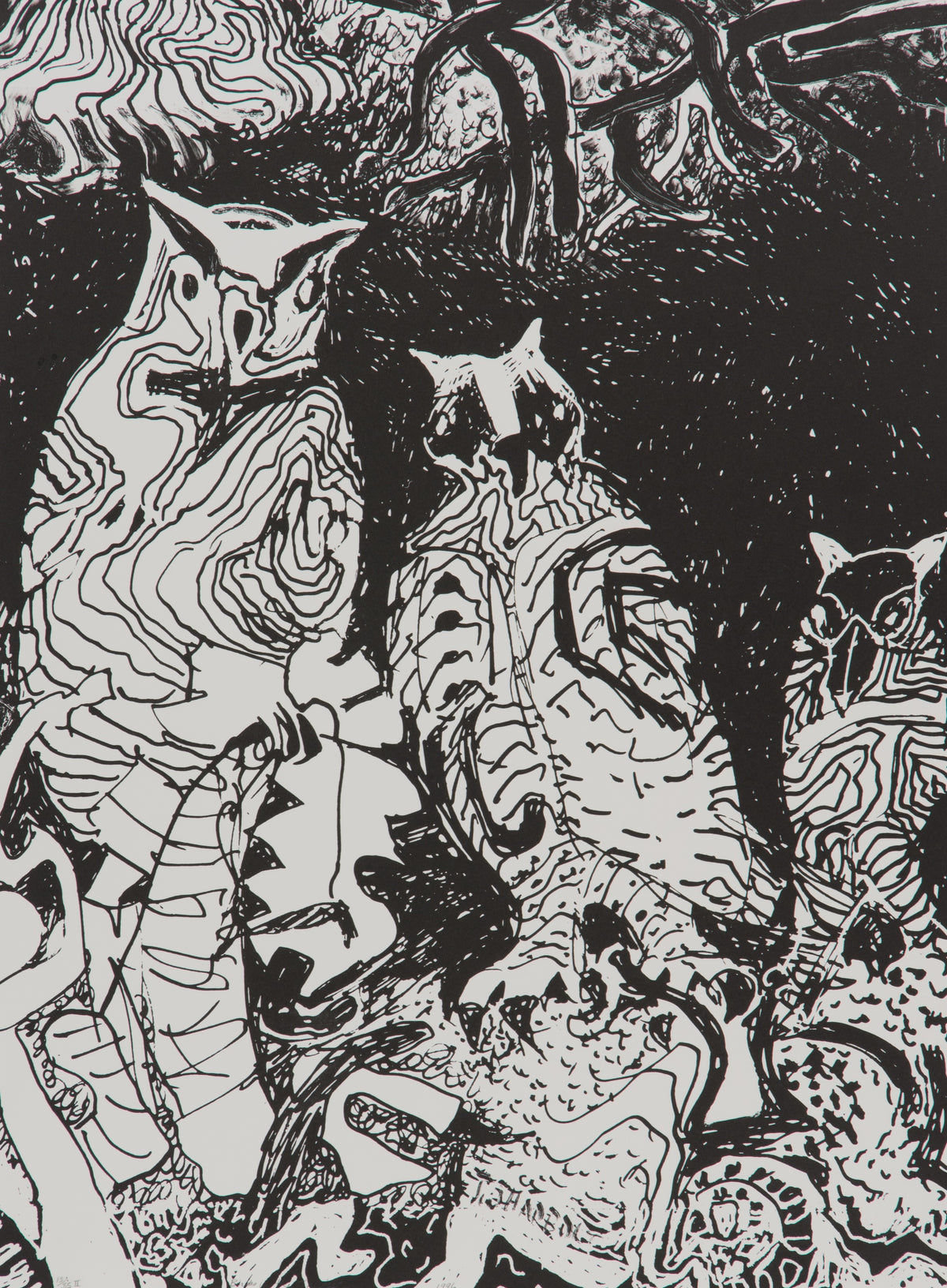 Jack Shadbolt, Birds in the Thicket II, 1996. Black and white image of three birds surrounded by greenery. View 2 of 2.