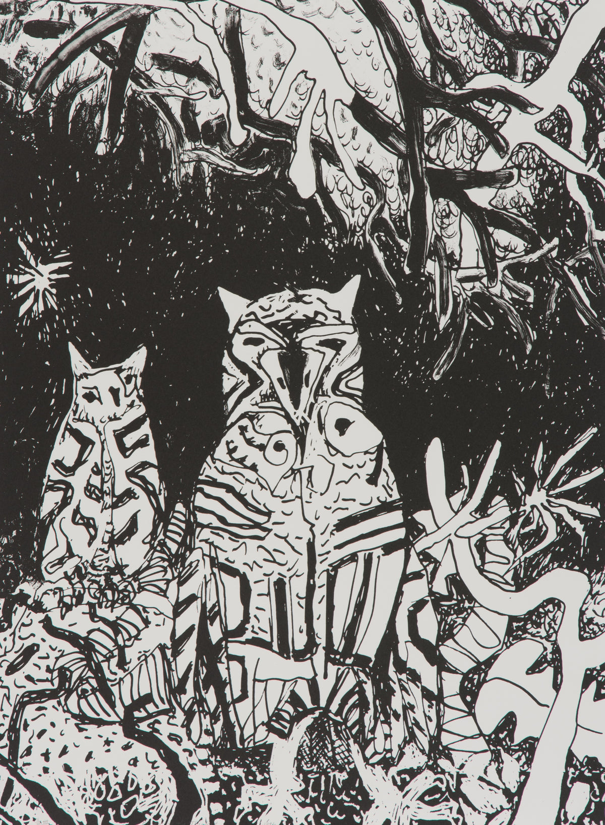 Jack Shadbolt, Birds in the Thicket III, 1996. Black and white image of two birds surrounded by greenery. View 1 of 2.