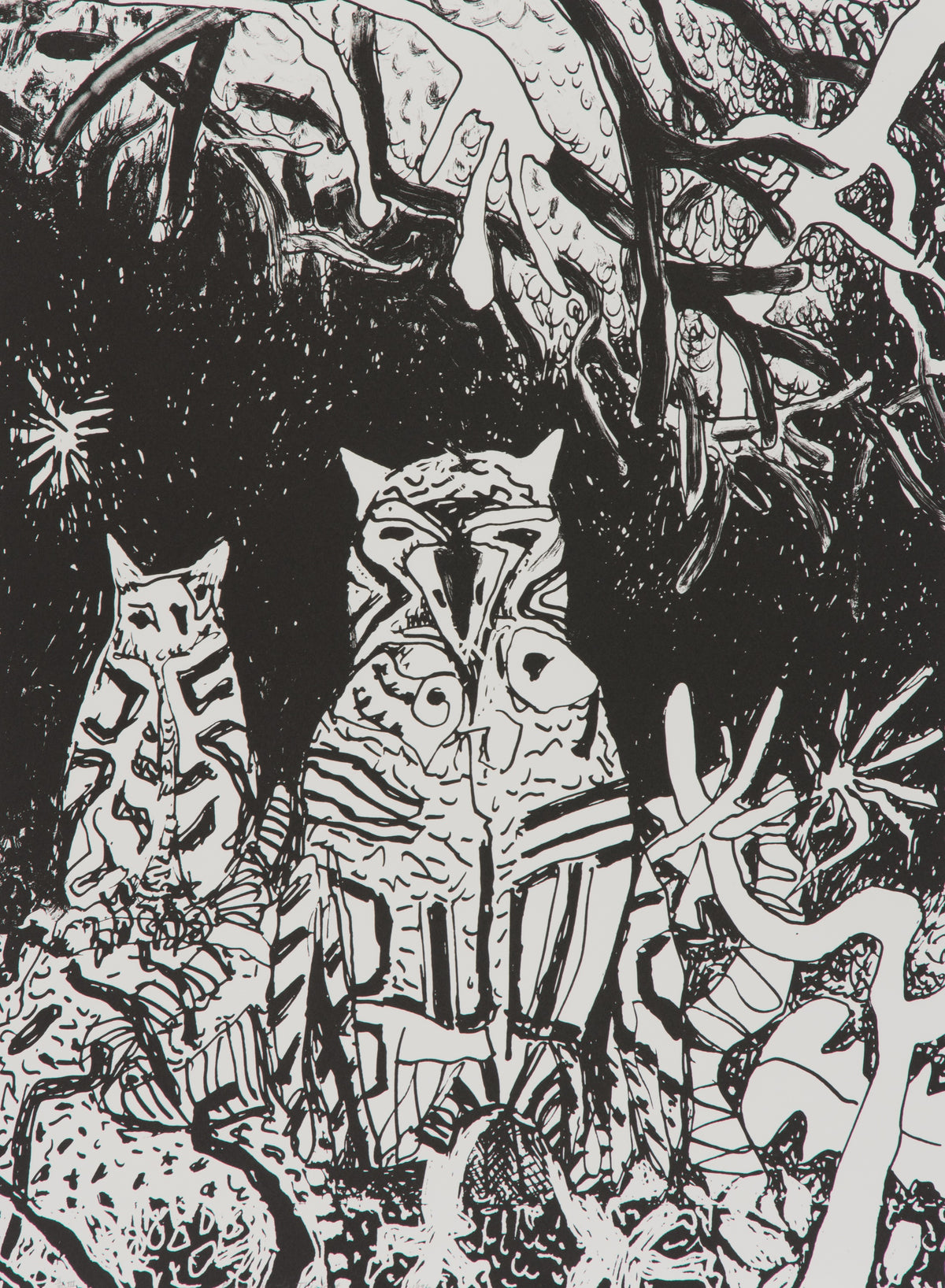 Jack Shadbolt, Birds in the Thicket III, 1996. Black and white image of two birds surrounded by greenery. View 2 of 2.