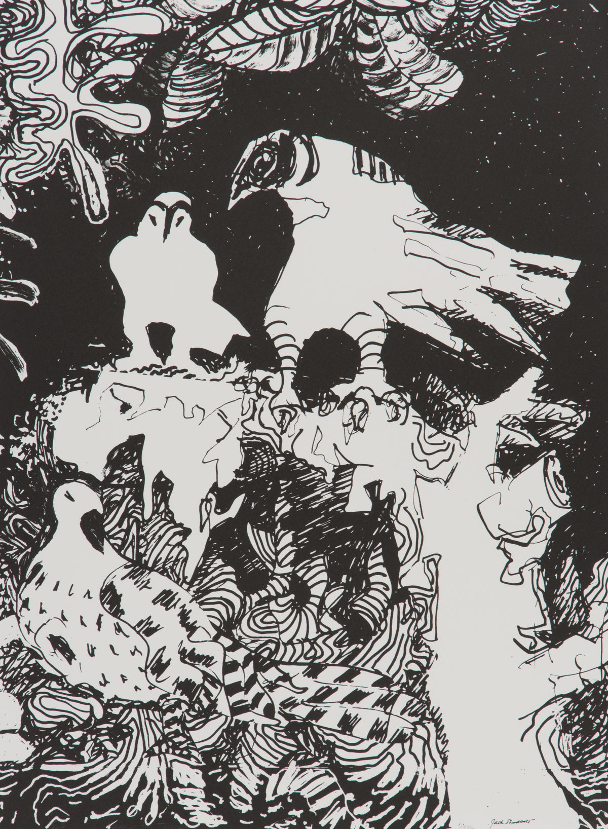 Jack Shadbolt, Birds of the Thicket IV, 1996. Black and white image of three birds surrounded by greenery. View 1 of 2.