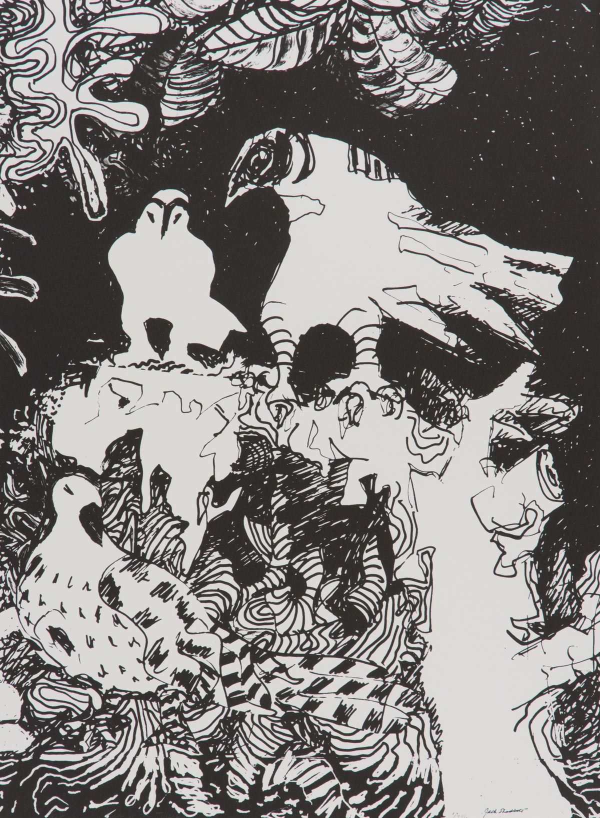 Jack Shadbolt, Birds of the Thicket IV, 1996. Black and white image of three birds surrounded by greenery. View 2 of 2.