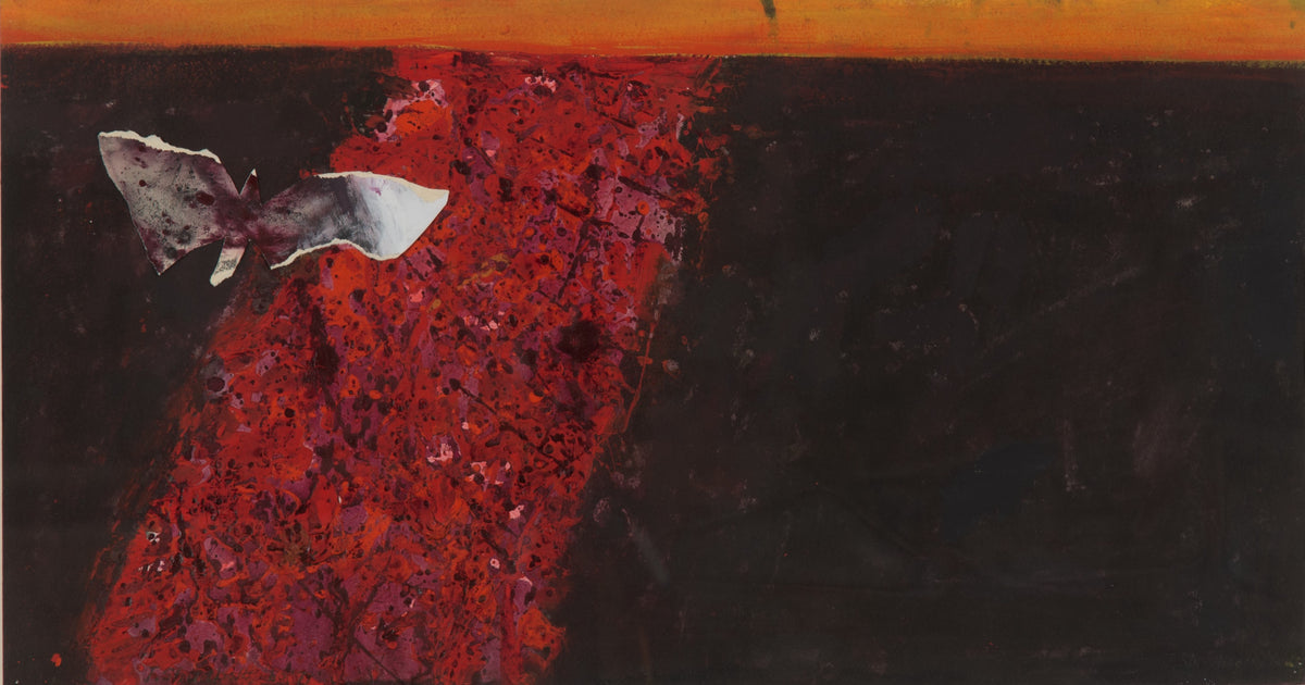 Jack Shadbolt, Lonely Lano, 1960-1979. Abstract red streak against a black background with a bird-like shape on the top left corner.