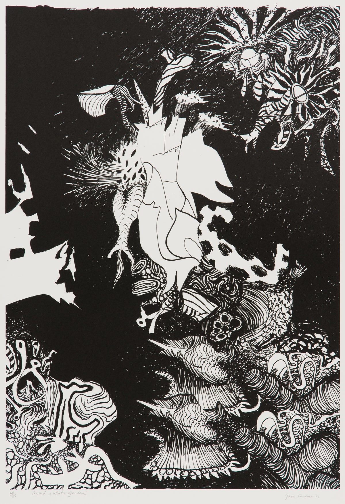 Jack Shadbolt, Toward a White Garden, 1996. White abstract figure at centre surrounded similar abstract objects against a black background.