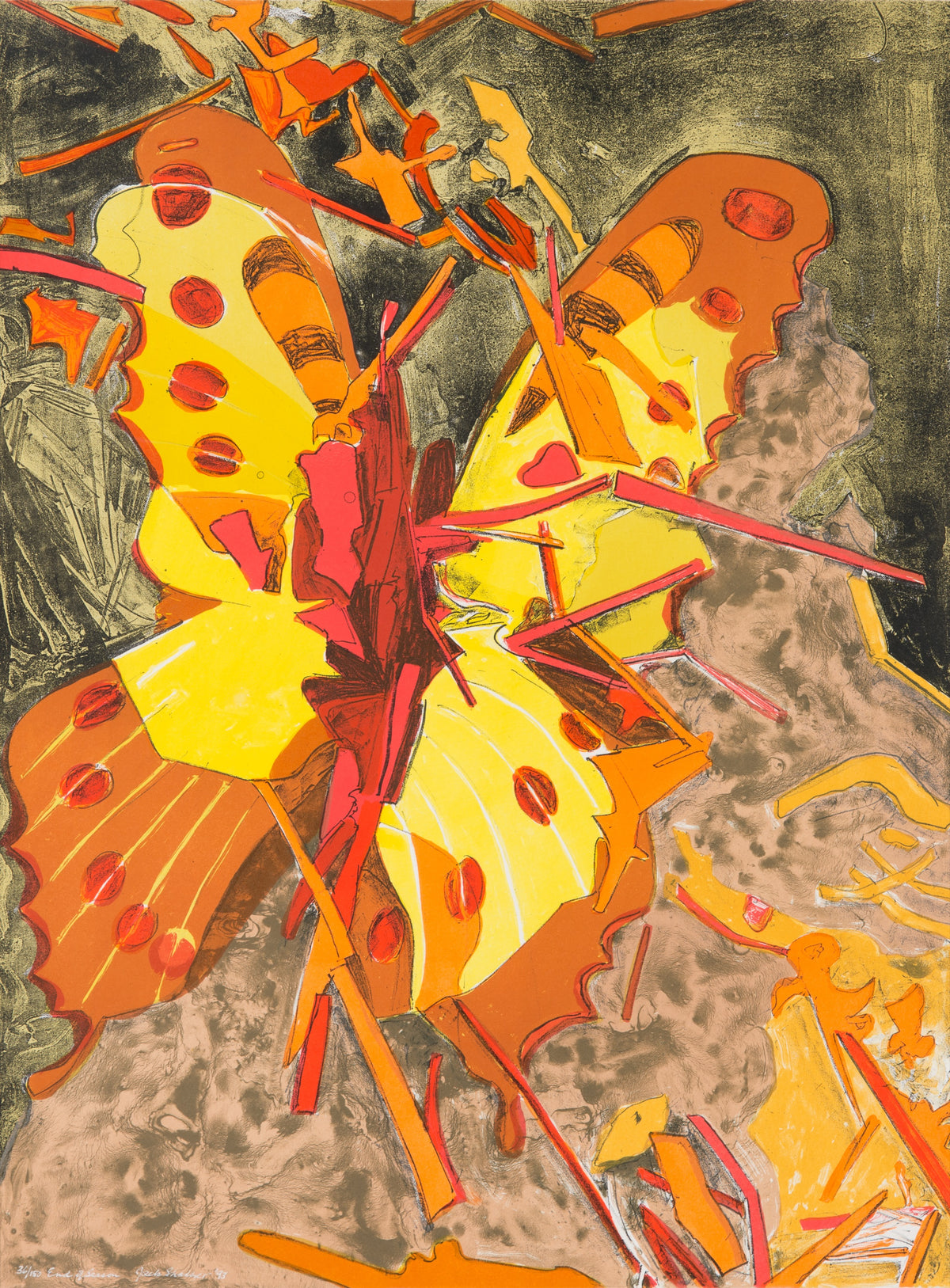 Jack Shadbolt, End of Season, 1993. A red, orange, and yellow butterfly against a muted brown background.