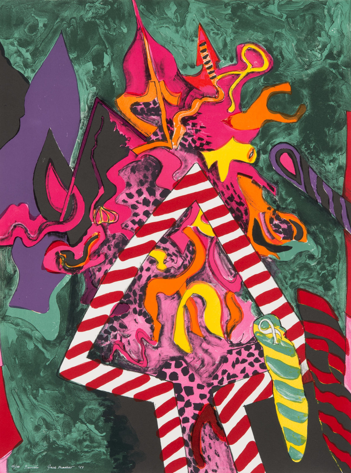 Jack Shadbolt, Invictus, 1993. Multicoloured abstract object against a green background.