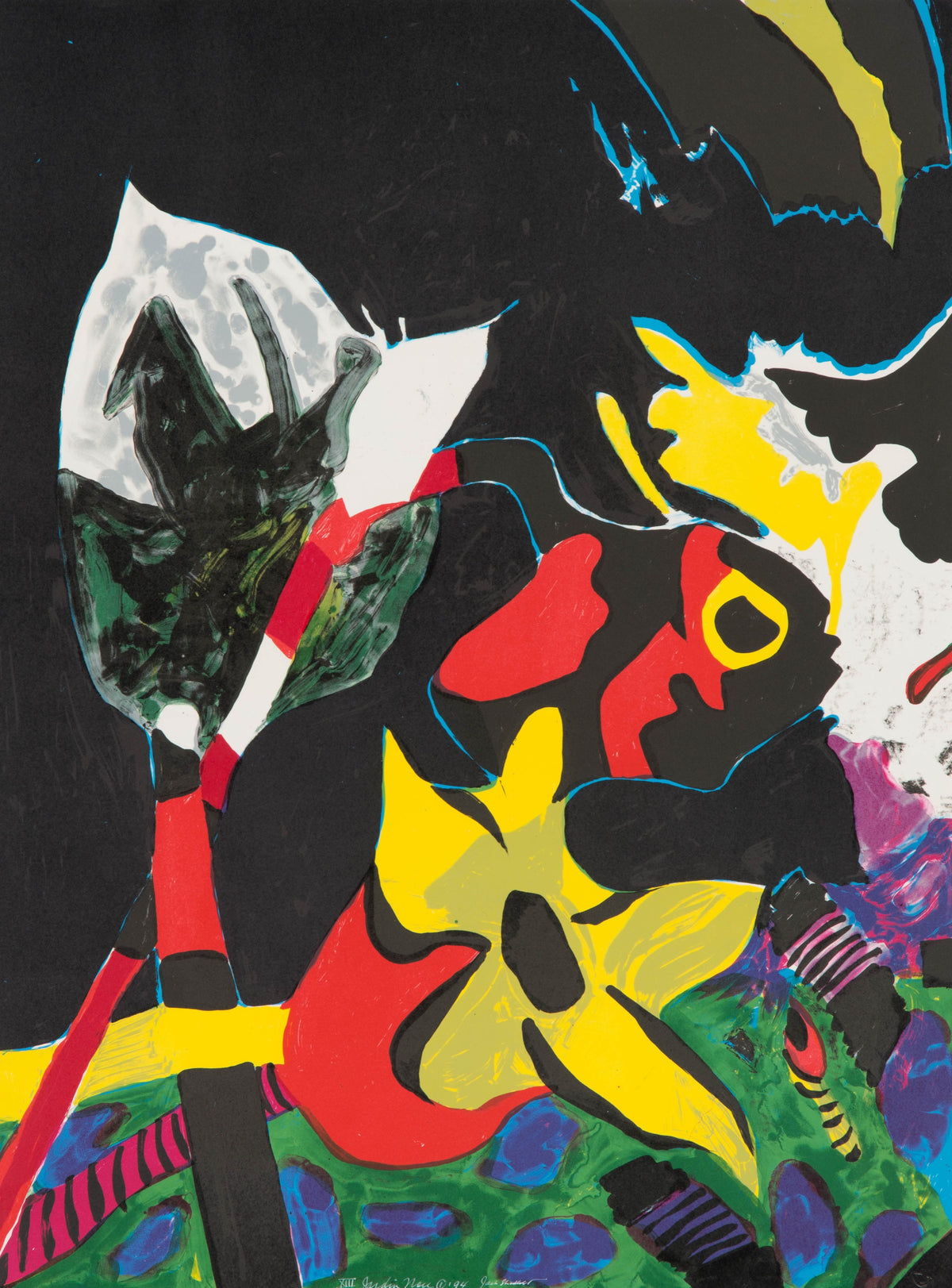 Jack Shadbolt, Jardin Noir 1, 1994. Abstract multicoloured creature, plants and shapes against a black background.