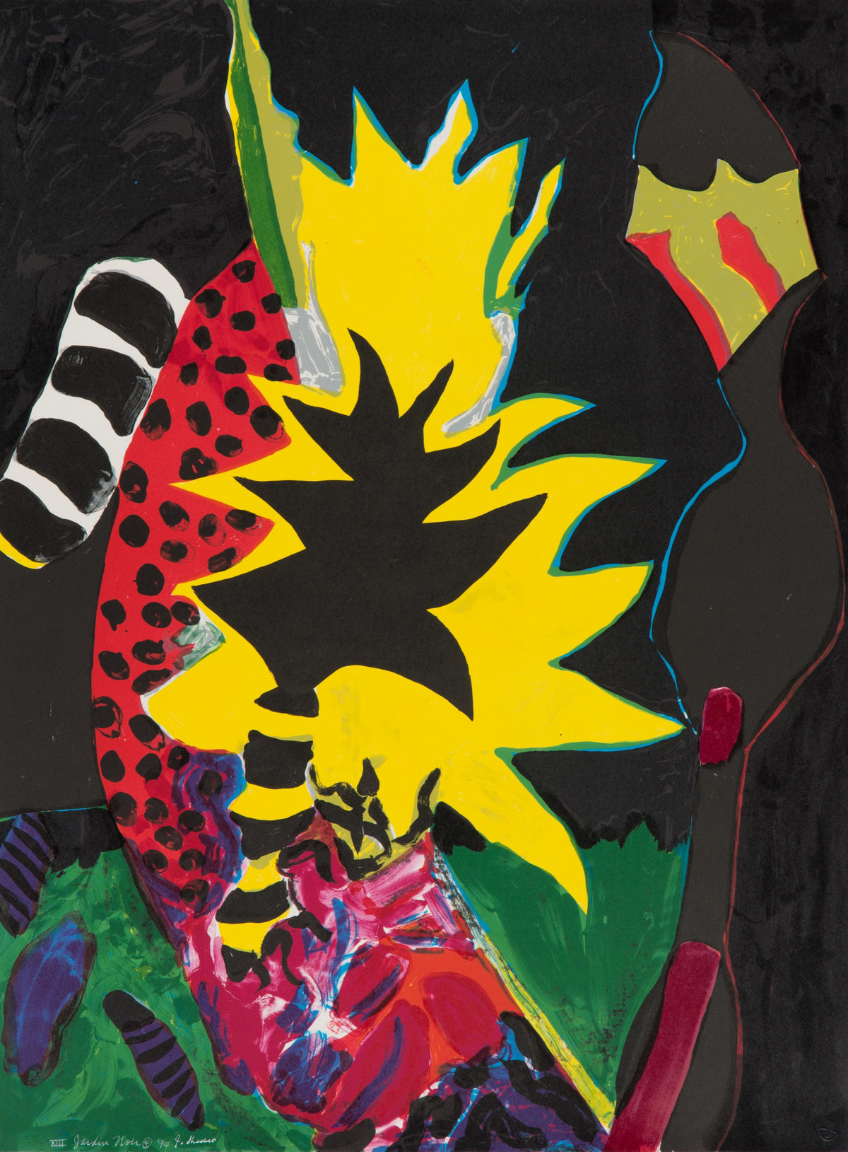 Jack Shadbolt, Jardin Noir 4, 1994. Abstract multicoloured creature, plants and shapes against a black background.