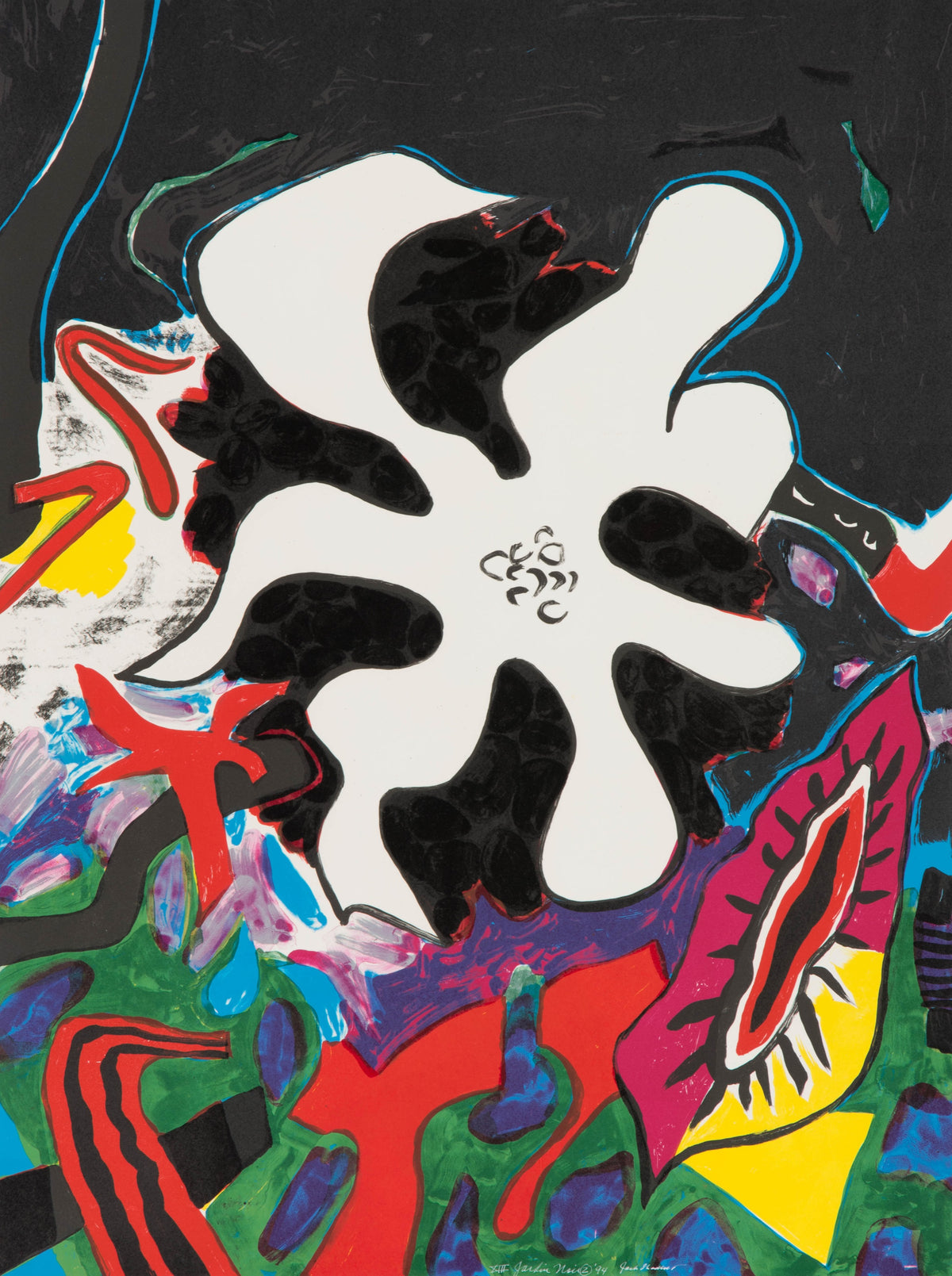 Jack Shadbolt, Jardin Noir 2, 1994. Abstract multicoloured creature, plants and shapes against a black background with a transparent floral-like shape at the centre.