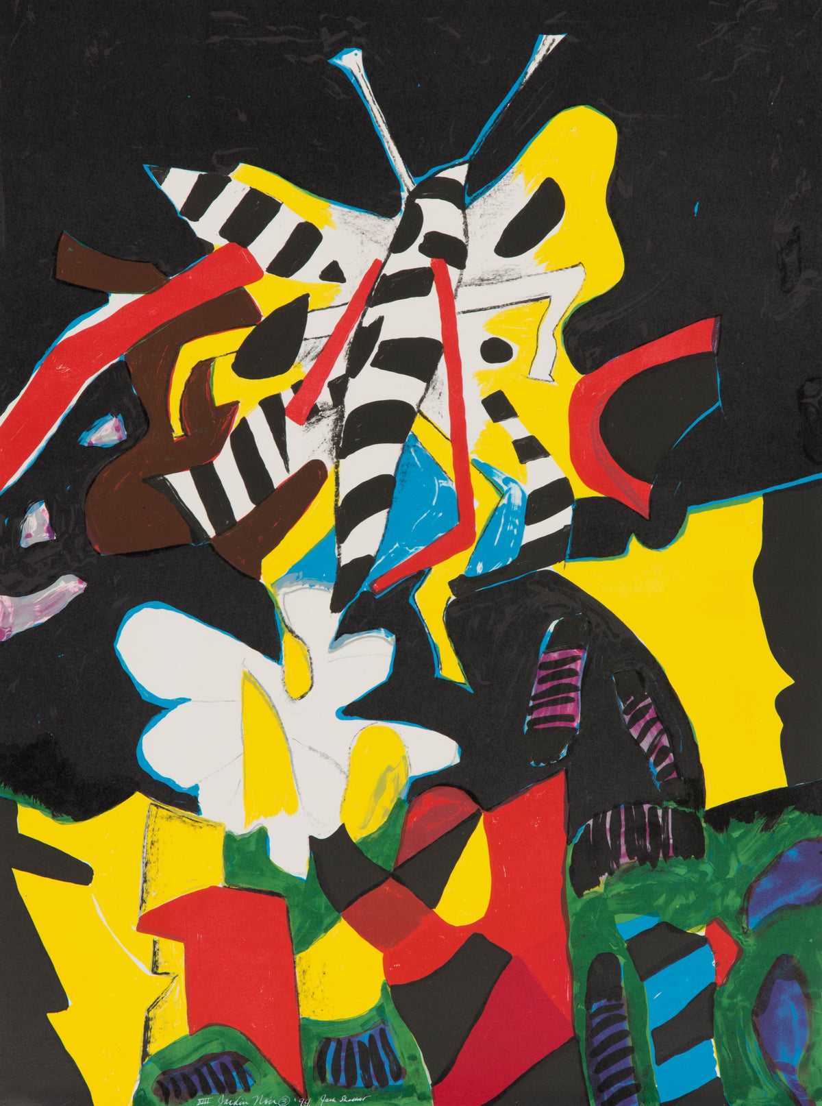 Jack Shadbolt, Jardin Noir 3, 1994. Abstract multicoloured creature, plants and shapes against a black background.