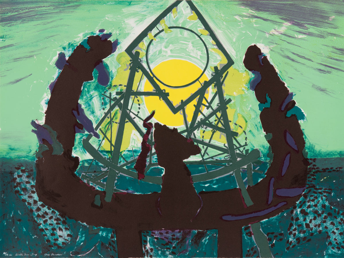 Jack Shadbolt, Winter Sun Trap, 1993. Abstract u-like shape against a bright and colourful background of multiple abstract shapes.