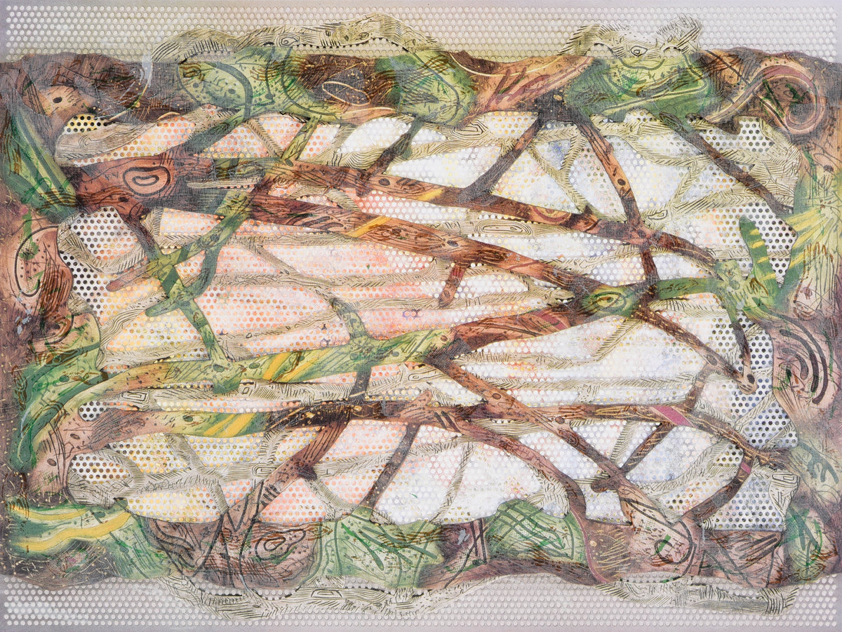 Arnold Shives, Landscape Blink, 2001. Interlocking branches against a dotted white background.