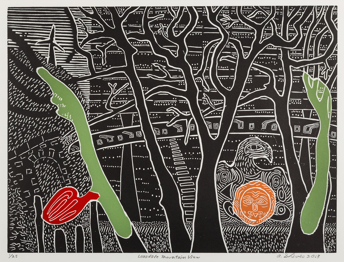 Arnold Shives, Lonsdale Mountain View, 2013. Abstract depiction of a landscape and a bird in black and white with occasional pops of colour (red, green, green).