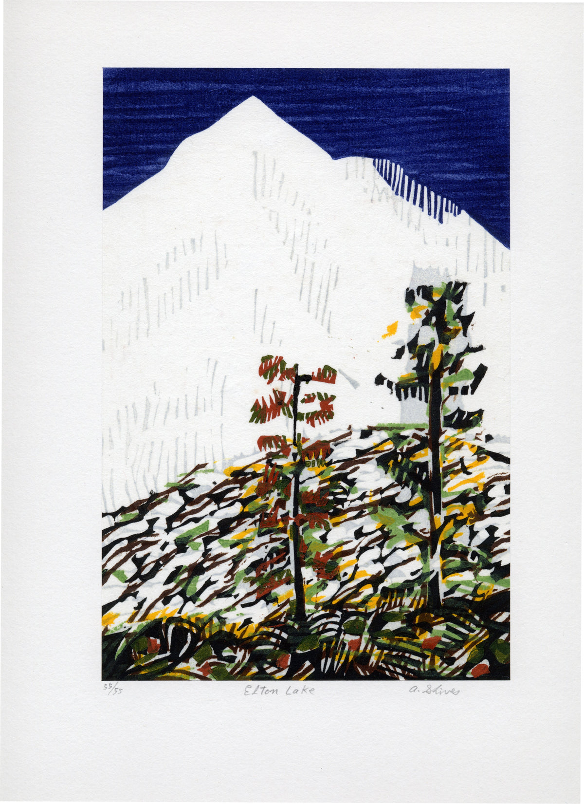 Arnold Shives, Elton Lake, Mountain Journal Suite, 2003. An abstract depiction of trees, in front of a white mountain.