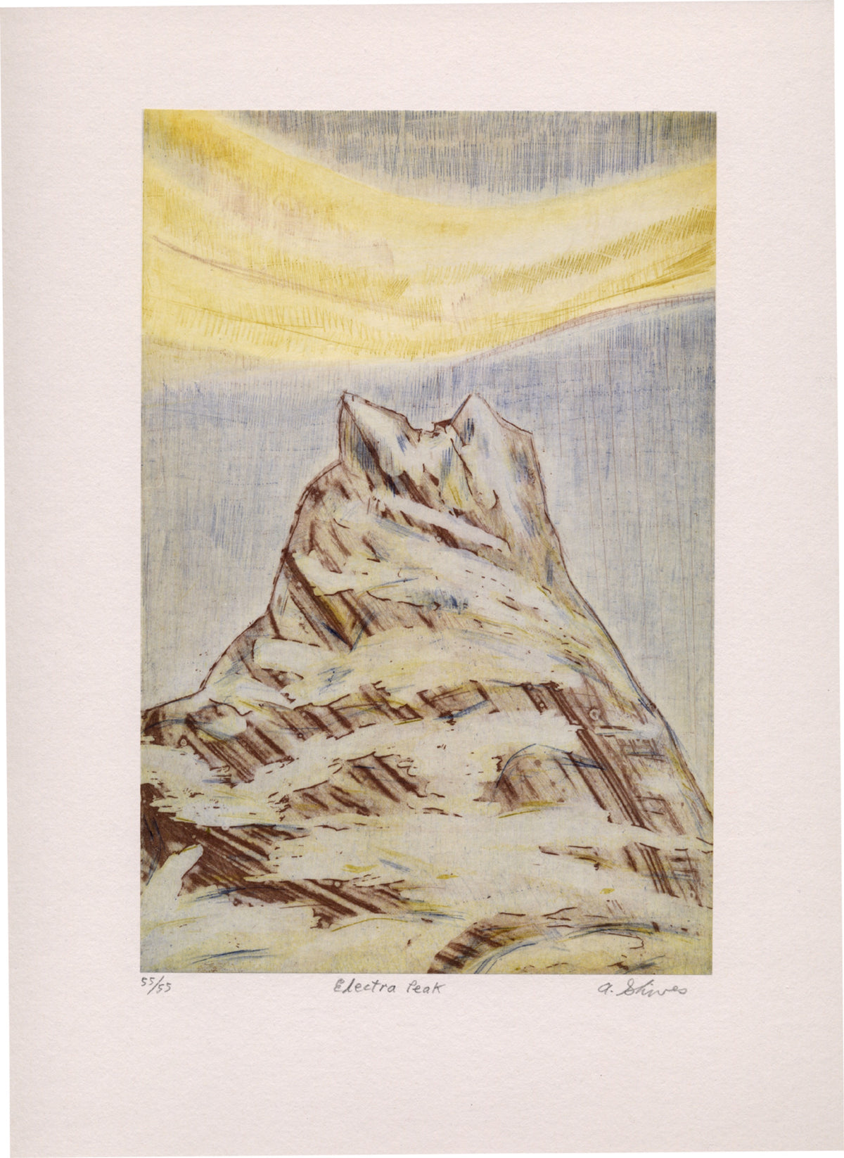 Arnold Shives, Electra Peak, Mountain Journal Suite, 2003. An abstract depiction of a mountain against a grey background with a yellow streak on the top.