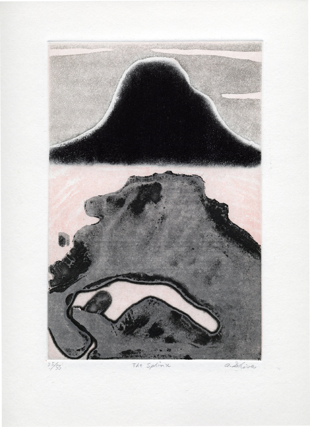 Arnold Shives, The Sphinx, Mountain, Mountain Journal Suite, 2003. Abstract depiction of a mountain against pink background and a grey mountain in the back.
